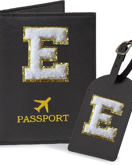 COSHAYSOO Black Passport Cover and Luggage Tag Set TSA Approved with Her Initial Chenille Letter Patch for Big Little Girls Sister Daughter, Hawaii Travel Bag Backpack Suitcase Identifier (E)