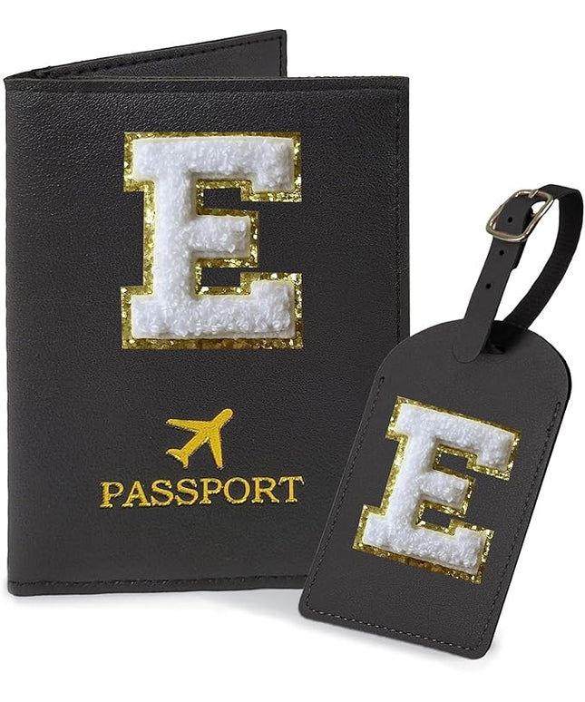 COSHAYSOO Black Passport Cover and Luggage Tag Set TSA Approved with Her Initial Chenille Letter Patch for Big Little Girls Sister Daughter, Hawaii Travel Bag Backpack Suitcase Identifier (E)