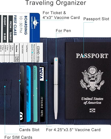 WALNEW Passport Holder for Travel, RFID Passport Cover Wallet for Women Men, PU Leather Passport Book Card Holder Case with Pen, Travelling Essentials for Flying
