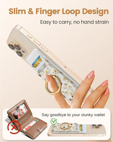 Shorogyt Compatible with Magsafe Wallet Magnetic Card Holder - Phone Wallets with Ring Grip Stand Cute Fashion for iPhone 17/16/15/14/13/12 Series for Women Girls White Bee Design, Fit 3 Cards
