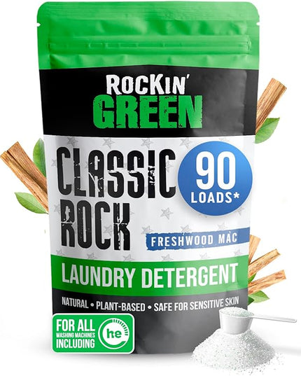 Rockin' Green Classic Rock Laundry Detergent (90 Loads), Plant based, All Natural Laundry Detergent Powder, Vegan and Biodegradable Odor Fighter, Safe for Sensitive Skin, 45 oz (Freshwood Mac)