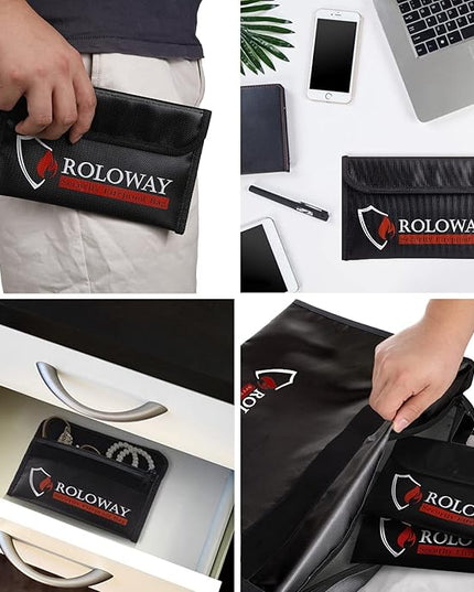 ROLOWAY Small Fireproof Bag (5 x 8 inches), Non-itchy Fireproof Money Bag for Cash, Valuables, Passport, Currency & Keys (2-Pack Black)