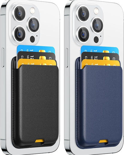 2 Pack Phone Card Holder, Premium Leather Wallet Stick on, Adhesive Credit Card Holder for Case, Sticky Wallet for Back of Cover, Android Cell Phone, iPhone, Fit 4 Cards, Black&Blue