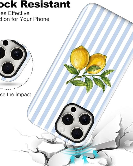 Magnetic for iPhone 15 Pro Case Cute Lemon Stripes Phone Case, Shockproof Slim TPU and Hard PC Protective Phone Cover Compatible with MagSafe Designed for Women Girls, Blue