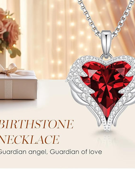 CDE Christmas Gifts for Women Angel Wings Necklace for Women with Birthstone, Love Heart Silver Tone/Gold Tone Pendant, Ideal Anniversary or Birthday Jewelry Gifts for Wife Girlfriend Her