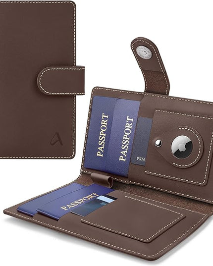 ALLIVE Family Passport Holder, Rfid Blocking Passport Wallet with AirTag Slot, Genuine Leather Travel Document Organizer for Women & Men, Airport Essentials, Travel Gift (Coffee Brown)