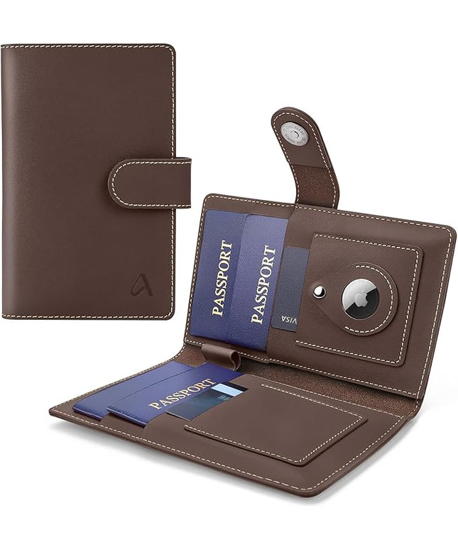 ALLIVE Family Passport Holder, Rfid Blocking Passport Wallet with AirTag Slot, Genuine Leather Travel Document Organizer for Women & Men, Airport Essentials, Travel Gift (Coffee Brown)
