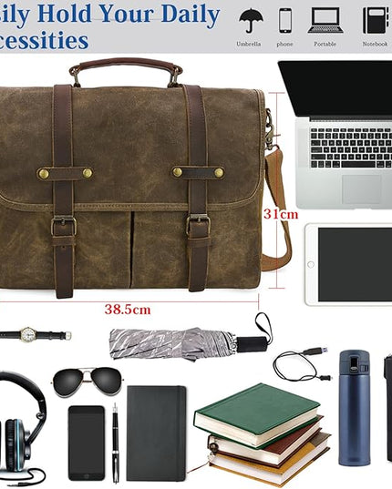 Mens Messenger Bag 15.6 Inch Waterproof Vintage Genuine Leather Waxed Canvas Briefcase Large Leather Computer Laptop Bag Rugged Satchel Shoulder Bag, Coffee