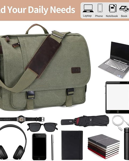 Nerlion Messenger Bag for Men 17-17.3 Inch Laptop Bag Canvas Water-resistant Computer Bag Shoulder Bag Work Briefcase Bookbag for College (Green)