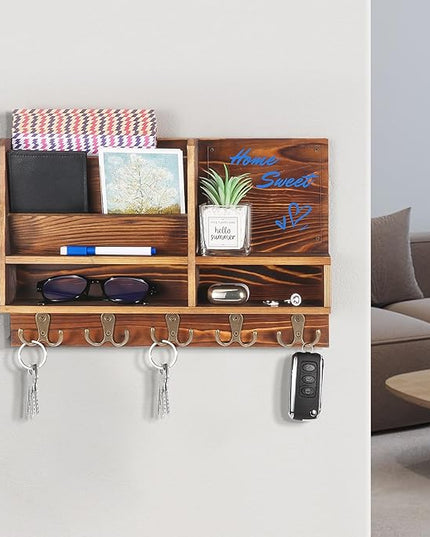 ClyraStor Key Holder Wall Mount, Mail Organizer Wall Mounted, Solid Wood Key Holder for Wall Living Room Entryway Home Decor, with 10 Key Hooks, Shelf, Marker Pen, 15.7" x 10.2" x 2.8"