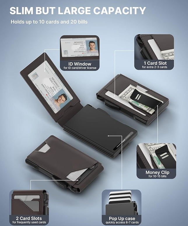 typecase Tactical Wallet for Men Card Holder: Pop Up Card Case, Genuine Leather, Smart, RFID Blocking, Slim, Minimalist, Thin, Front Pocket - 13 Card Capacitiy, ID Window, Money Clip (Dark Brown)