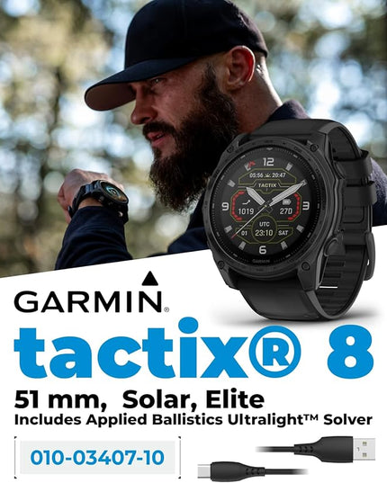 Garmin Tactix 8, 51mm Solar, Elite, Titanium Bezel, Sapphire Lens, Premium Tactical GPS Smartwatch, Includes Applied Ballistics Ultralight Elite Solver, 40M Dive Rating w/Wearable4U PowerBank Bundle