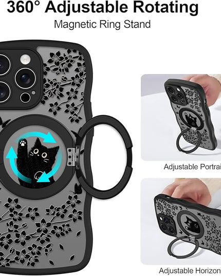 Wavy Case for iPhone 14 Pro Max Case with Stand [Compatible with MagSafe] Cute Black Cat & Floral & Butterflies Pattern Design, Kawaii 360 Magnetic Ring Kickstand Phone Cover for Women Girls