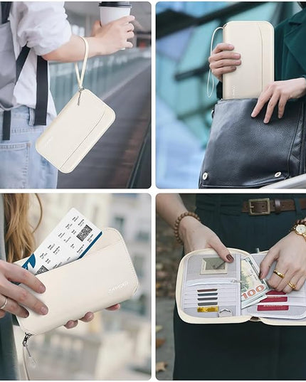 MoKo Family Passport Holder for 5, RFID Blocking Passport Wallet for Men Women, Travel Wallet Holder with Multiple Compartments, Travel Document Organzier for Cards, ID, Tickets, Keys, Beige