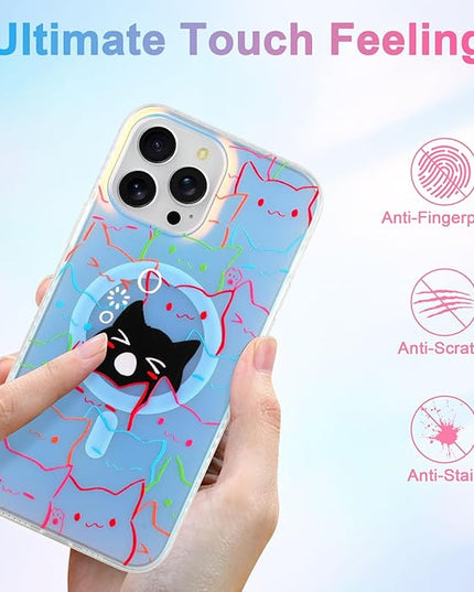 Cute Case for iPhone 13 Pro Case for Women Girls Boys [ Compatible with Magsafe ] Iridescent and Black Cats Cat Pattern Design, Kawaii Colorful Animal Soft Bumper Protective Phone Cover