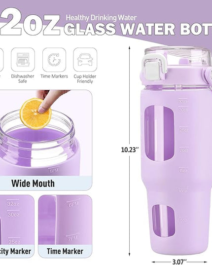 BLUEGO 32oz Glass Tumbler with Lid and Handle, Iced Coffee Cup with Straws, Glass Water Bottle with Silicone Sleeve and Volume, Marker Glass Cup with Time Marking, BPA Free, Purple