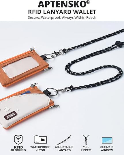 RFID Travel Wallet with Adjustable Lanyard-Zipper Small Wallet with ID Card Holder, Keychain for women&men-Minimalist Slim Waterproof Nylon case for ID, Cash, Key (Almond+Rust)