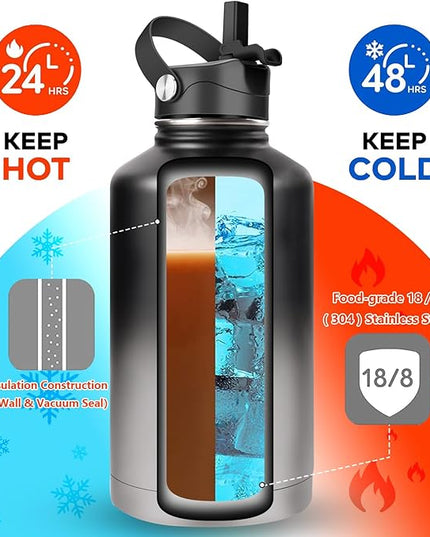 Water Bottle Insulated 32oz 40oz 64oz 128oz Straw Lid Spout Lid & 3 Lids, Leak Proof, Vacuum Insulated,Stainless Steel Water Bottle Wide Mouth for Sports, Gym or Office
