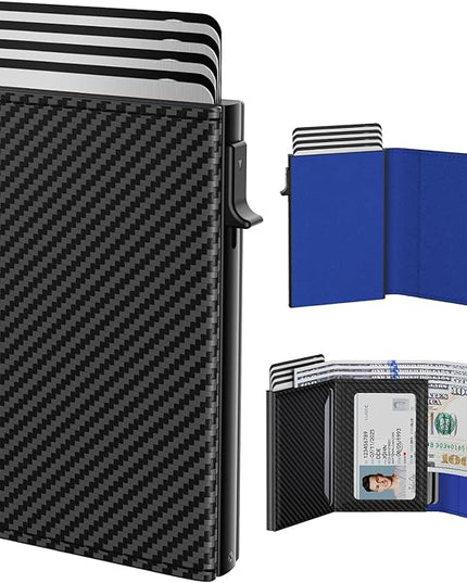 typecase Mens Wallet Card Holder: Pop Up Aluminum Case, Genuine Leather, Smart, RFID Blocking, Slim, Minimalist, Front Pocket - 9-14 Card Capacity | ID Window | Cash Slot (Carbon Fiber Navy)