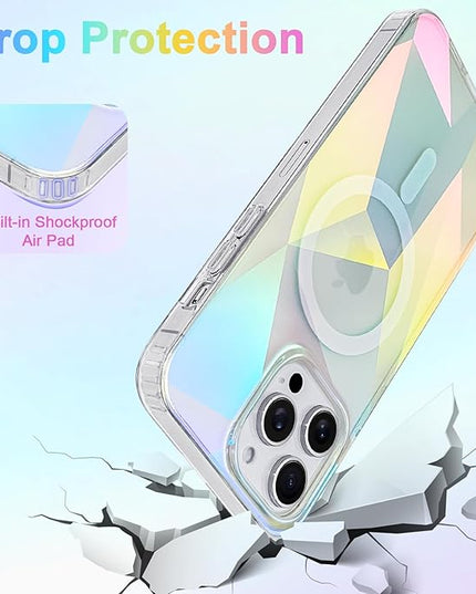 Cute Case for iPhone 13 Pro Max Case for Women Girls [ Compatible with Magsafe ] Clear Glitter Girly Aesthetic Rainbow Sparkly Bling Magnetic Phone Cover, Iridescent Geometry
