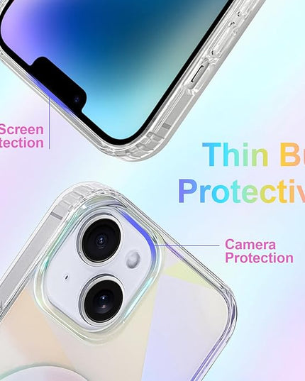 Cute Case for iPhone 15 Plus & 14 Plus Case for Women Girls [ Compatible with Magsafe ] Clear Glitter Girly Aesthetic Rainbow Sparkly Bling Magnetic Phone Cover, Iridescent Geometry