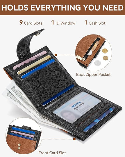BOSTANTEN Slim Wallet for Women Small RFID Blocking Credit Card Holder Leather Bifold Wallets with Zipper Coin Pocket Black＆Brown