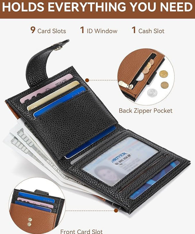 BOSTANTEN Slim Wallet for Women Small RFID Blocking Credit Card Holder Leather Bifold Wallets with Zipper Coin Pocket Black＆Brown