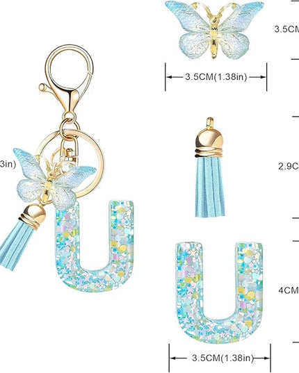 Fashion Alphabet Initial Letter Keychain Tassel Butterfly Pendant Key Ring for Purse Handbags Women Girl