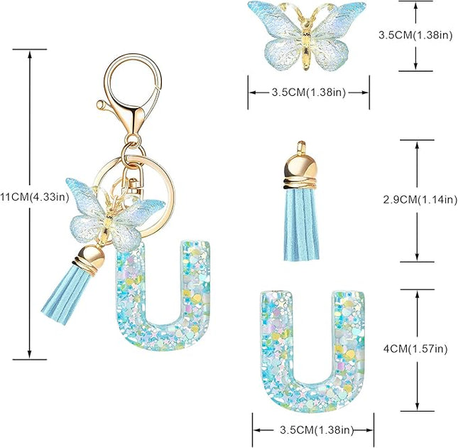 Fashion Alphabet Initial Letter Keychain Tassel Butterfly Pendant Key Ring for Purse Handbags Women Girl