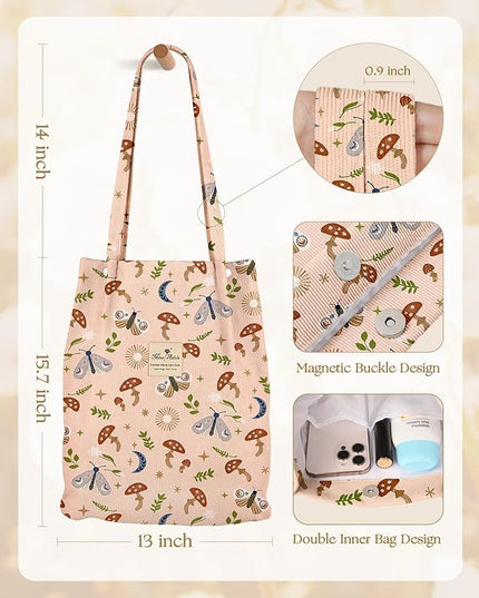 Corduroy Tote Bag for Women - Reusable Totes with Pocket & Buckle Cute Aesthetic Shoulder Bag for Work Travel