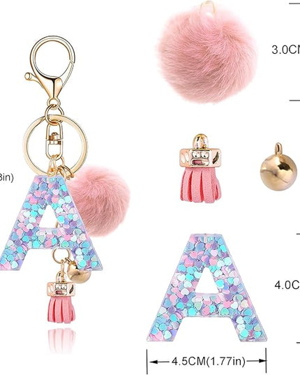 Resin Alphabet Initial Letter Keychain Keyring for Women Purse Handbags With Fur Ball Pom