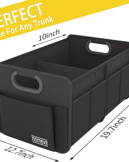 Homeve Trunk Organizer, Car Storage, Reinforced Handles, Collapsible Multi-Compartment, Foldable, Waterproof, Sturdy, 600D Oxford Polyester For Car, SUV, Mini-Van, Black, 2 Compart-Small