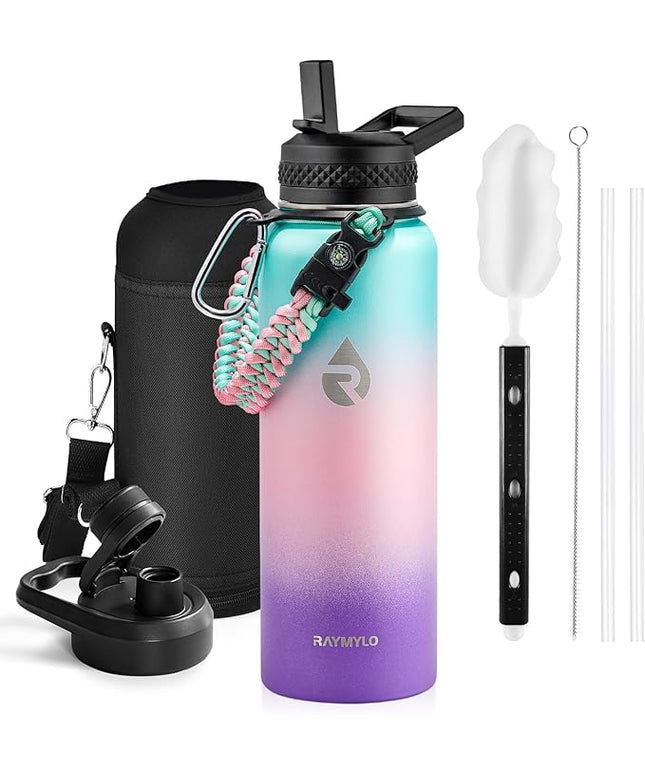 Insulated Water Bottle 40 oz, Triple Wall Vacuum Stainless Steel (Cold for 48 Hrs), Leak Proof & BPA-Free, Modern Water Flask Jug with Paracord Handle & Straw Spout Lids, Hydrangea