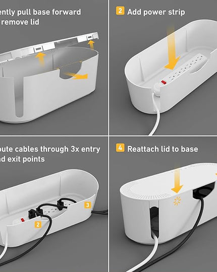 D-Line Cable Management Box, Power Strip Holder, Floor Outlet Hider, Desk Cord Organizer, Cover TV Wires, 12.75" (L) x 5" (W) x 4.5" (H), for use with Power Strips up to 10.5in Length - Small, White