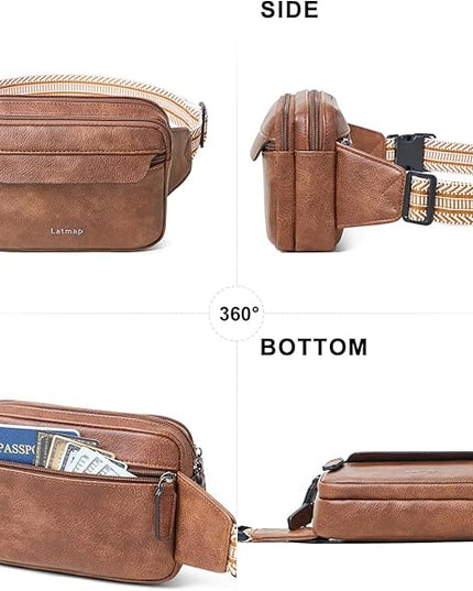 LATMAP 3L Fanny Packs for Women Cross Body Bag Vegan Leather Chest Belt Bag Fashion Waist Pack Small Bum Bag Crossbody for Travel Running Workout, Brown