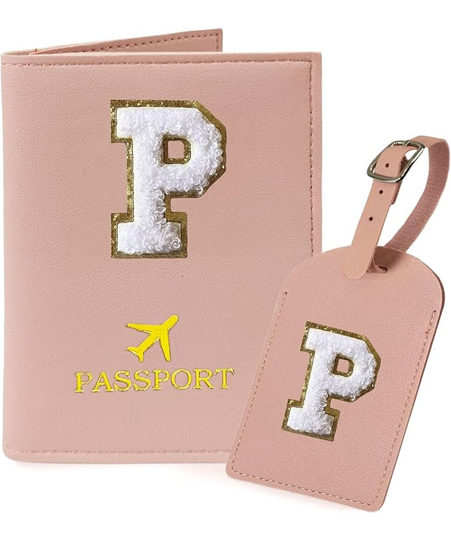COSHAYSOO Passport Cover and Initial Luggage Tag Set with Preppy Chenille Letter Patch, Trendy Traveling Bag Backpack Suitcase Identifier Stocking Stuffer Gifts for Women Girls Pink P