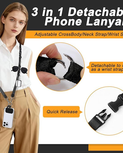 Cell Phone Lanyard with Detachable Phone Wrist Strap 3 in 1 Anti Theft Adjustable Crossbody Phone Strap Around the Neck, for Keys, ID Badges, Compatible with iPhone, Vacation Essentials, Black