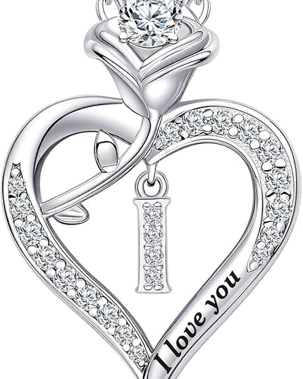 Rose Heart Pendant Necklace Gifts for Wife, Engraved 'I love you' Gift for Wife Girlfriend, Anniversary Birthday Eternity Jewelry Present for Women, Moissanite Necklace Gift for Her