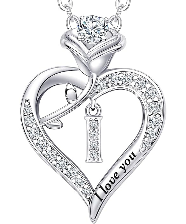 Rose Heart Pendant Necklace Gifts for Wife, Engraved 'I love you' Gift for Wife Girlfriend, Anniversary Birthday Eternity Jewelry Present for Women, Moissanite Necklace Gift for Her