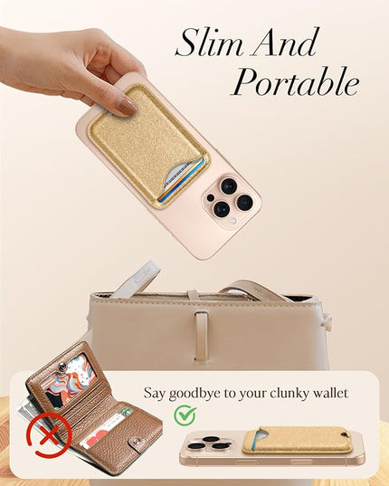 Shorogyt Compatible with Magsafe Wallet Magnetic Card Holder - Glitter Bling Gold Phone Wallets for Women Teen Girls for iPhone 17/16/15/14/13/12 Series Slim for Apple Mag RFID Magnet, Fit 3 Cards