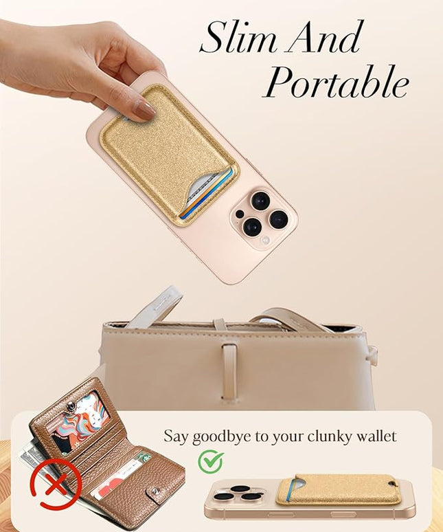 Shorogyt Compatible with Magsafe Wallet Magnetic Card Holder - Glitter Bling Gold Phone Wallets for Women Teen Girls for iPhone 17/16/15/14/13/12 Series Slim for Apple Mag RFID Magnet, Fit 3 Cards