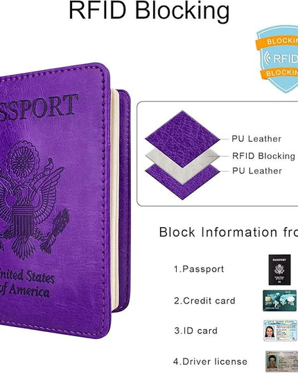 WALNEW Passport Holder for Travel, RFID Passport Cover Wallet for Women Men, PU Leather Passport Book Card Holder Case with Pen (Elastic Band Closure, A-Purple)