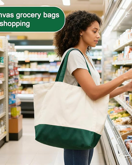 3 Pcs Reusable Grocery Bags - Heavy Duty Canvas Bag, 8.3 gal Foldable Large Canvas Tote Bag with Handles, Holds 60 lbs Tote Shopping Bags,100% Cotton（Retro Green）