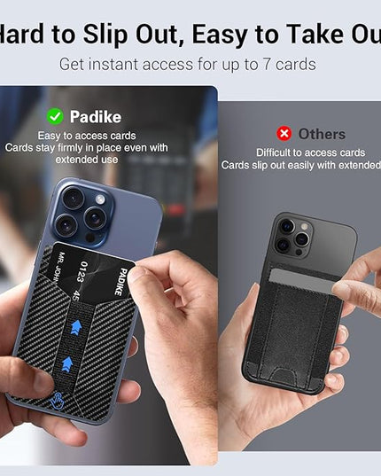 Padike for Magsafe Wallet, Magnetic Phone Wallet with Elastic Band for Extra Card Storage, Magnetic Card Holder with Adjustable Kickstand (Black Carbon Fiber)