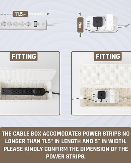 Cable Management Box, Handmade Rattan Cable Organizer with 2 Open Slots, Cord Hider for Power Strip, Router & USB Hub, Registered U.S. Design Patent (D1,112,102), 13" x 5.1" x 5.1", White