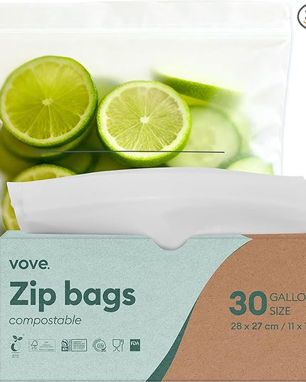 Vove Compostable Gallon Bags 30 Ct – PFAS-Free, BPI Certified, Freezer Safe with Airtight Seal for Meal Prep & Bulk Storage, Plant-Based