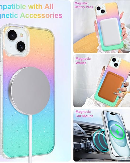 Glitter Case for iPhone 14 Plus & iPhone 15 Plus Case for Women Girls [ Compatible with Magsafe ] Clear Cute Girly Iridescent Rainbow Sparkly Bling Magnetic Phone Cover, Gradient Blue & Pink