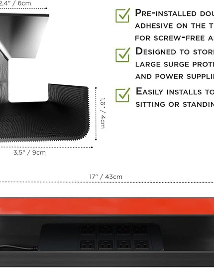 No-Screw Under Desk Cable Management Tray - Self-Adhesive Installation, Cord Management, Cable Tray, Under Desk Wire Organizer - Black Set of 4