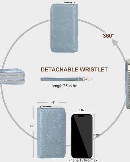 yiijay Womens Wallet RFID Blocking Large Capacity Leather Double Zip Wristlet Wallet Credit Card Phone Holder Ladies Clutch Purse Flora