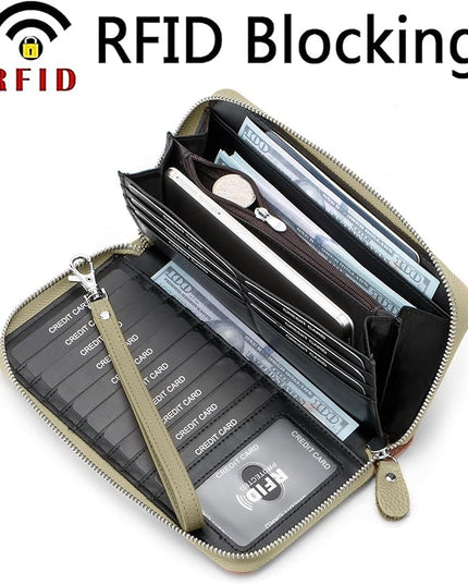 Moflycom Womens Wallet RFID Blocking Genuine Leather Multi Credit Card Large Capacity Zip Around Clutch Travel Purse Wristlet